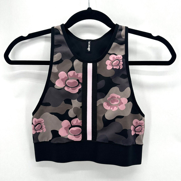 Ultracor Altitude Sports Bra Crop Top‎ Womens M Grey Camo Pink Floral Preppy Gym - Picture 1 of 5